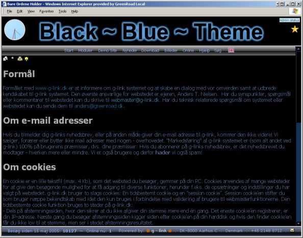 Skærmdump af et sort/blåt (Windows media Player inspireret) tema.